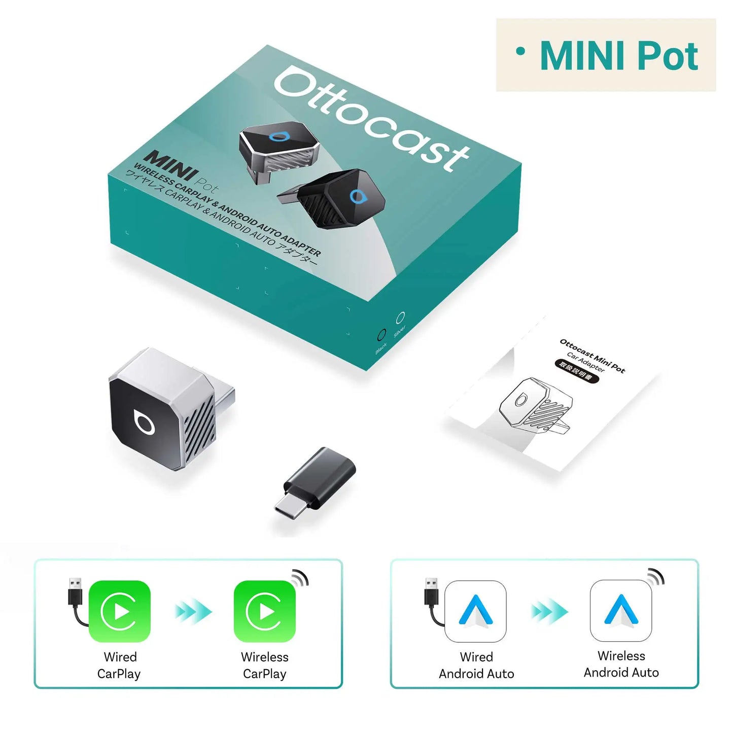 OTTOCAST Mini Slim Cube Wireless CarPlay Android Auto Adapter 2 in 1 USB AI Car Accessories