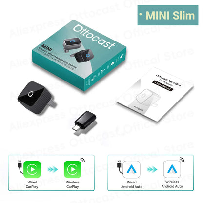 OTTOCAST Mini Slim Cube Wireless CarPlay Android Auto Adapter 2 in 1 USB AI Car Accessories