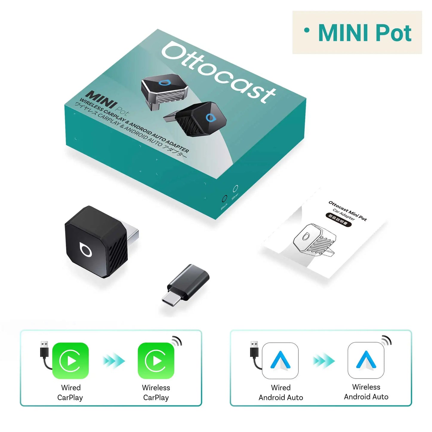 OTTOCAST Mini Slim Cube Wireless CarPlay Android Auto Adapter 2 in 1 USB AI Car Accessories