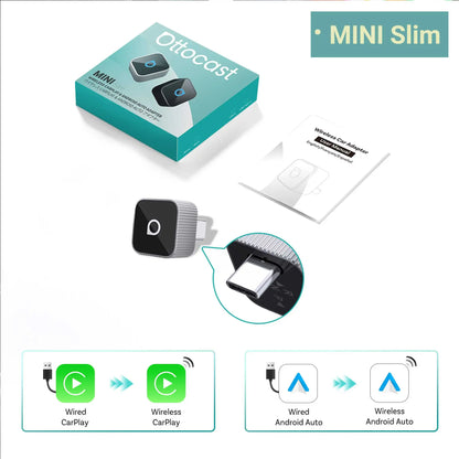 OTTOCAST Mini Slim Cube Wireless CarPlay Android Auto Adapter 2 in 1 USB AI Car Accessories
