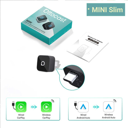 OTTOCAST Mini Slim Cube Wireless CarPlay Android Auto Adapter 2 in 1 USB AI Car Accessories