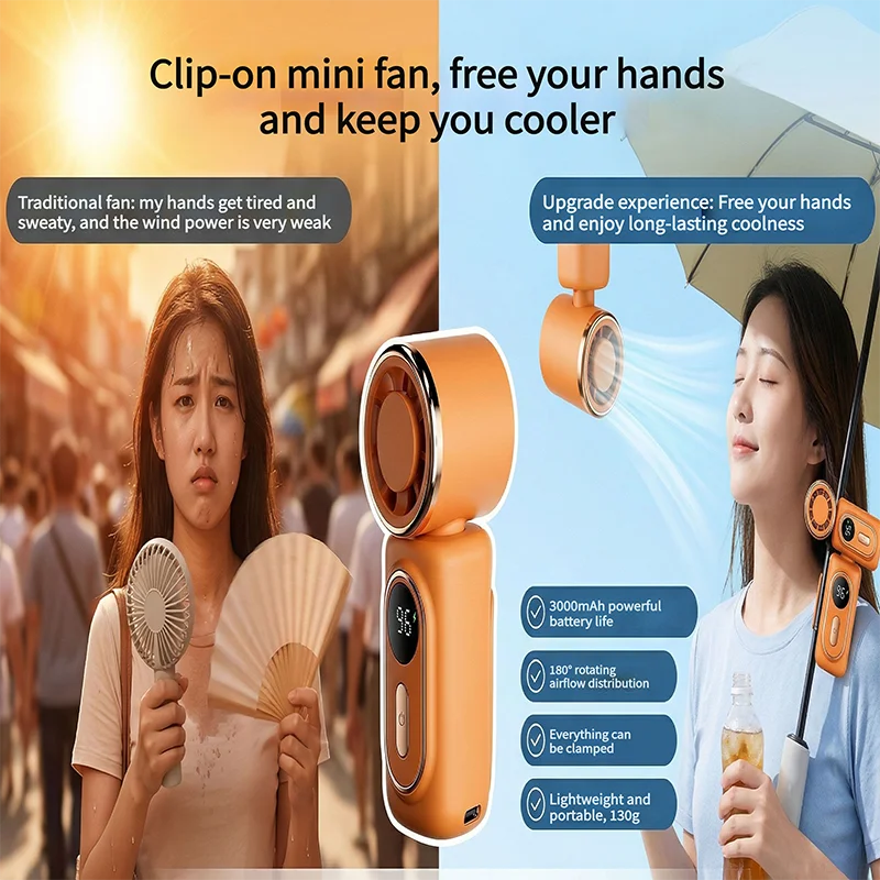 Portable Handheld Fan with Clip Umbrella Holder Function - Compact Personal Cooling Fan for On-the-Go Relief Silicone anti-slip