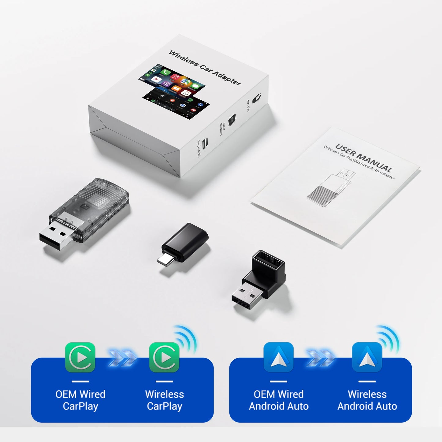 OTTOCAST Mini Slim Cube Wireless CarPlay Android Auto Adapter 2 in 1 USB AI Car Accessories
