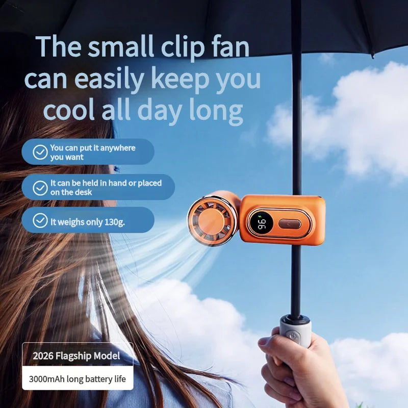 Portable Handheld Fan with Clip Umbrella Holder Function - Compact Personal Cooling Fan for On-the-Go Relief Silicone anti-slip