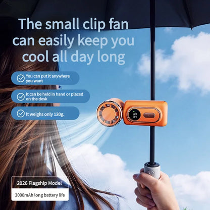 Portable Handheld Fan with Clip Umbrella Holder Function - Compact Personal Cooling Fan for On-the-Go Relief Silicone anti-slip